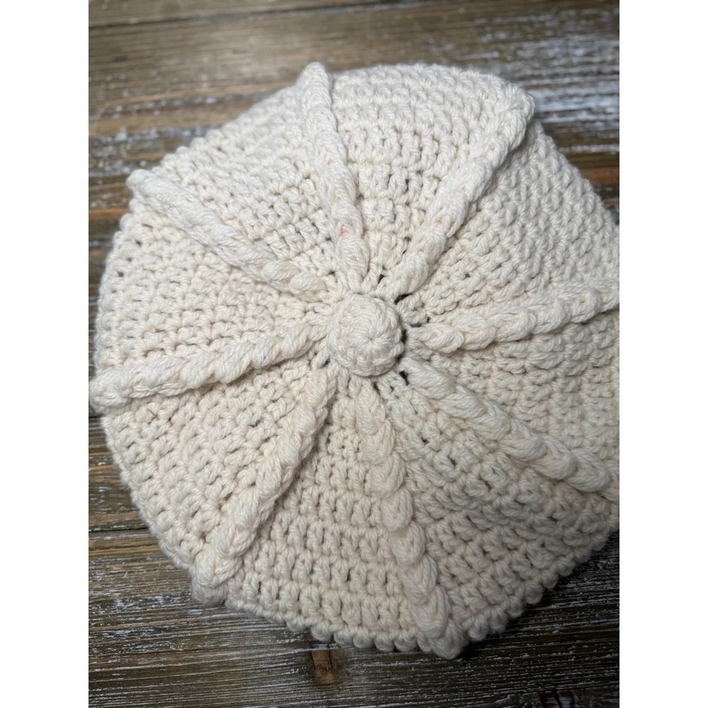 Vintage Handmade Crochet‎ Beret Hat Cream Off White Chunky Knit Tam Newsboy Boho